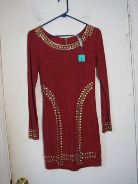 Rhapsody Red Mini Dress Small New NWT $59 Gold Studs Bodycon Knit Stretch